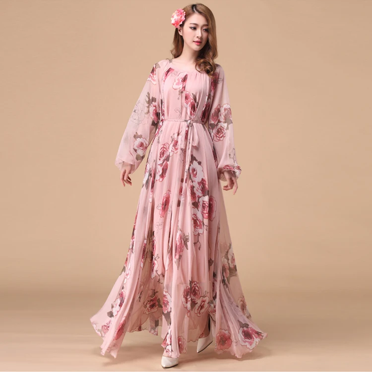 

2020 New Arrival Bohemian Beach Bridesmaid Dresses Floral Print Long Sleeve Chiffon Dress Summer Plus Size robe femme Long Dress