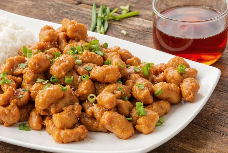 Panda Express Black Pepper Chicken served with white rice and steamed vegetables on a white plate
