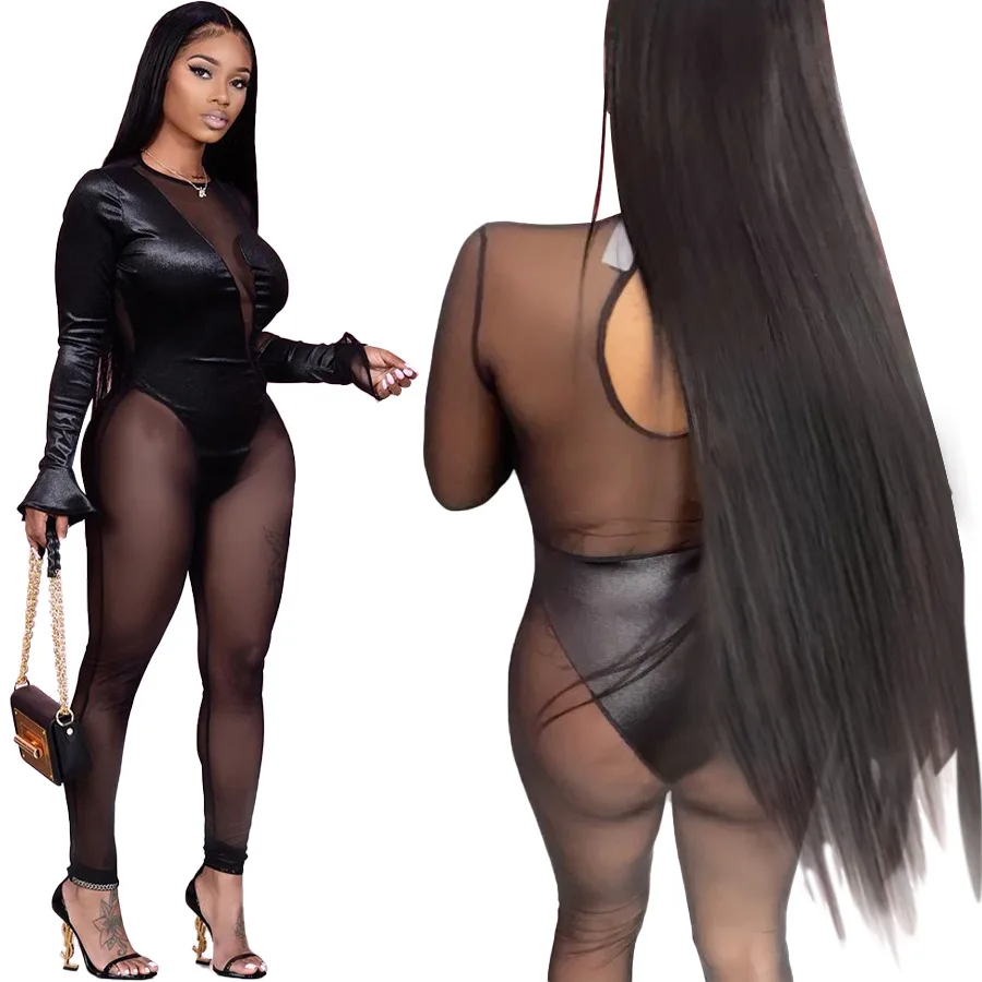

See Through Sexy Women Nightclub Clothes Rompers Classy Velvet Mesh Patchwork Flare Sleeves Fall Jumpsuit, Picture color