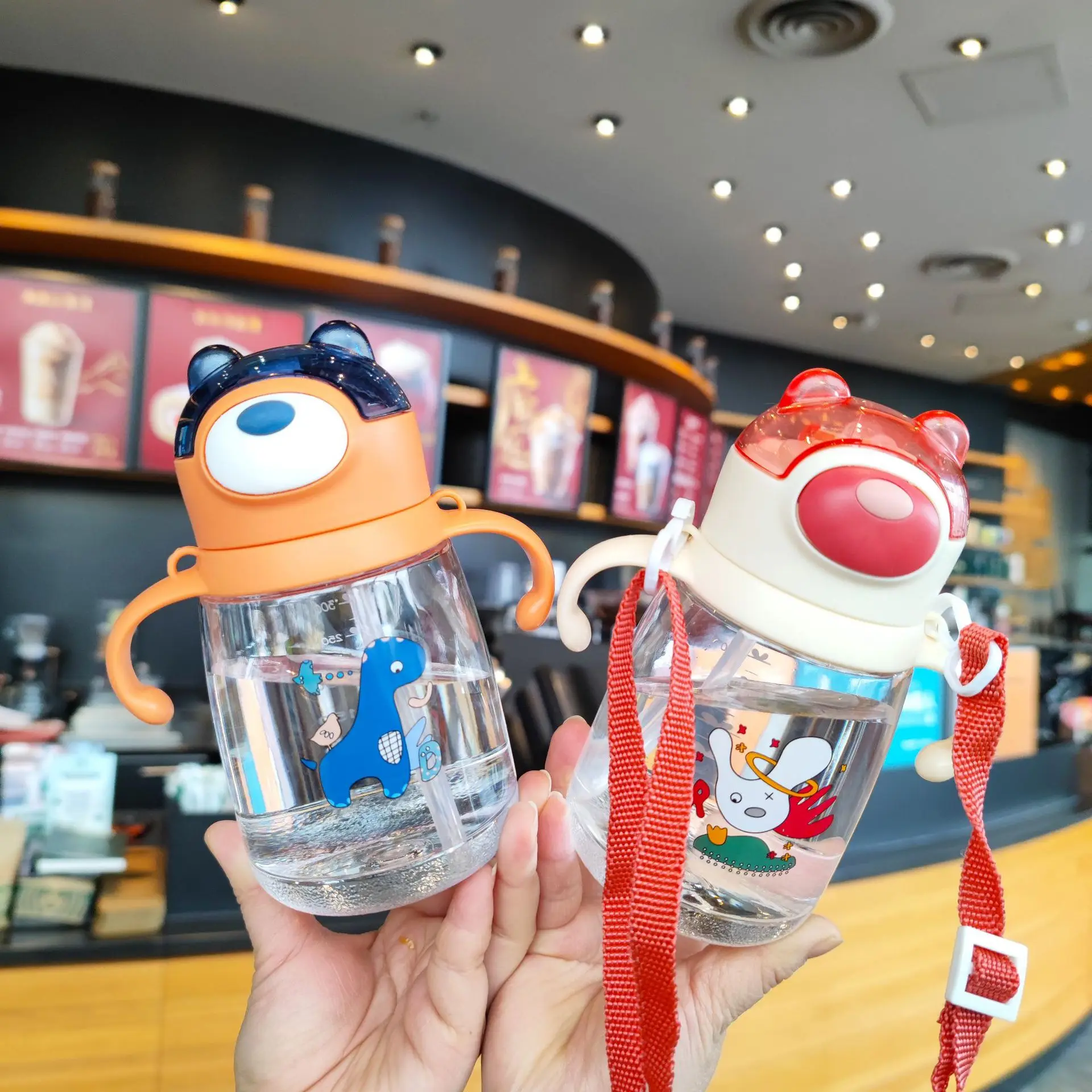 

450ml Cute Children's straw Cup cartoon juice plastic water bottle outdoor strap gifts animal bear bottle for kids wholesale