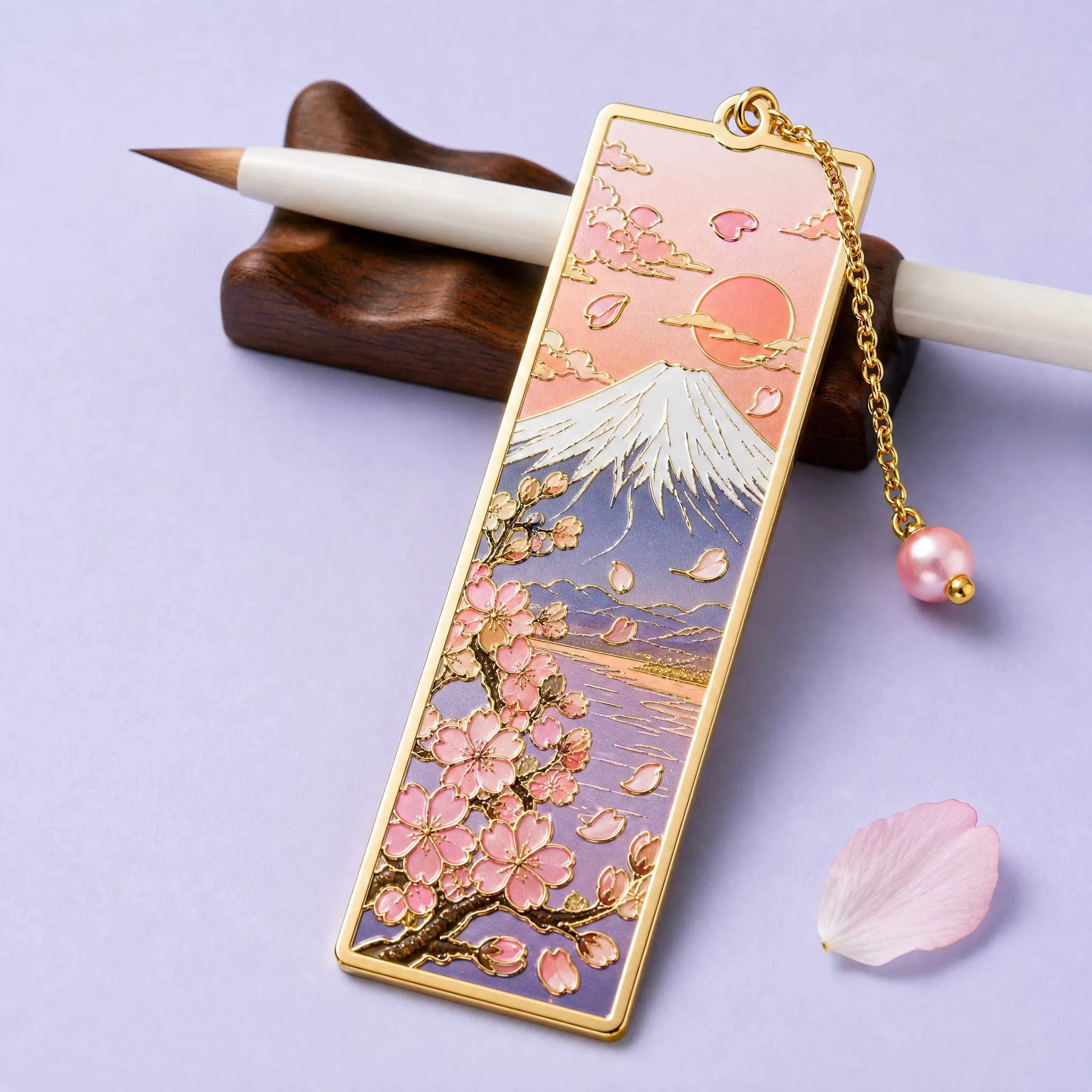 Custom Gold Plated Soft Enamel Mount Fuji Bookmark with Pearl Charm