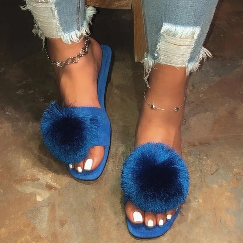 

Summer Latest Chaussure Femme Colorful Hairball Flat Heel Casual Sandals For Ladies