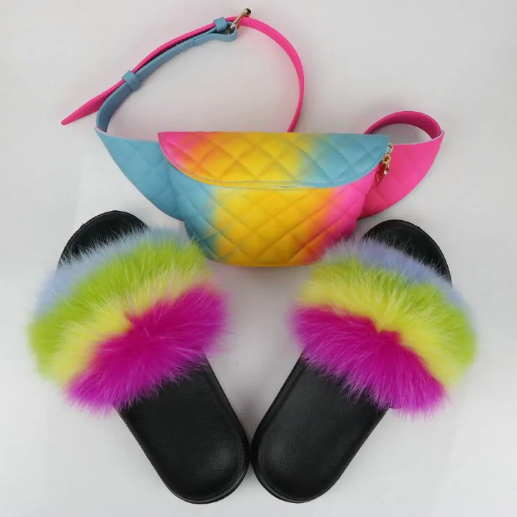 

Women Fluffy Fox Fur Slippers PVC Rainbow Jelly Belt Waist Bag Set Real Fox Fur Sandals Slides with Matching Jelly Bag, 9 color