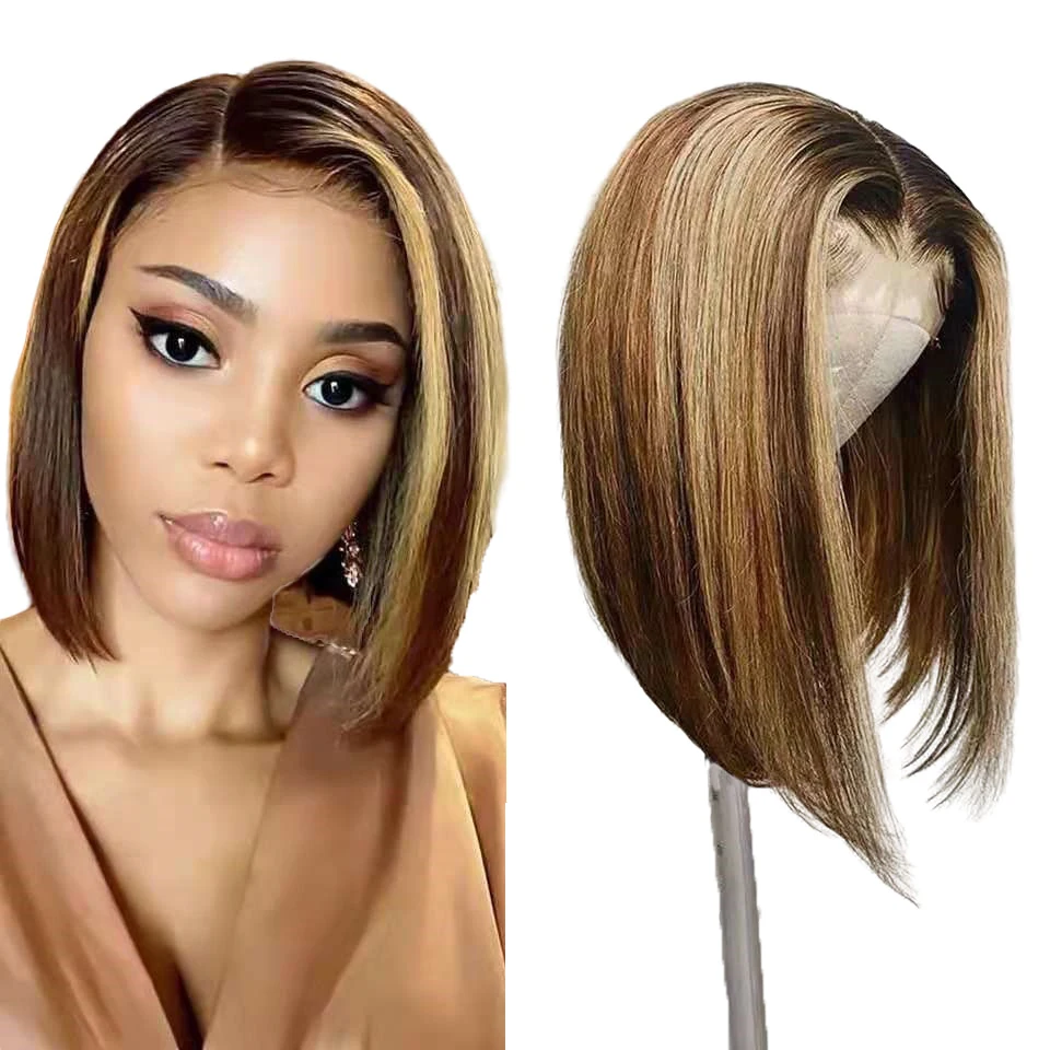 

13x6 Brown Highlight Wig Ombre Blonde Highlighted Short Bob Wigs 150%Brazilian 13x4 Straight Highlight Lace Front Human Hair Wig