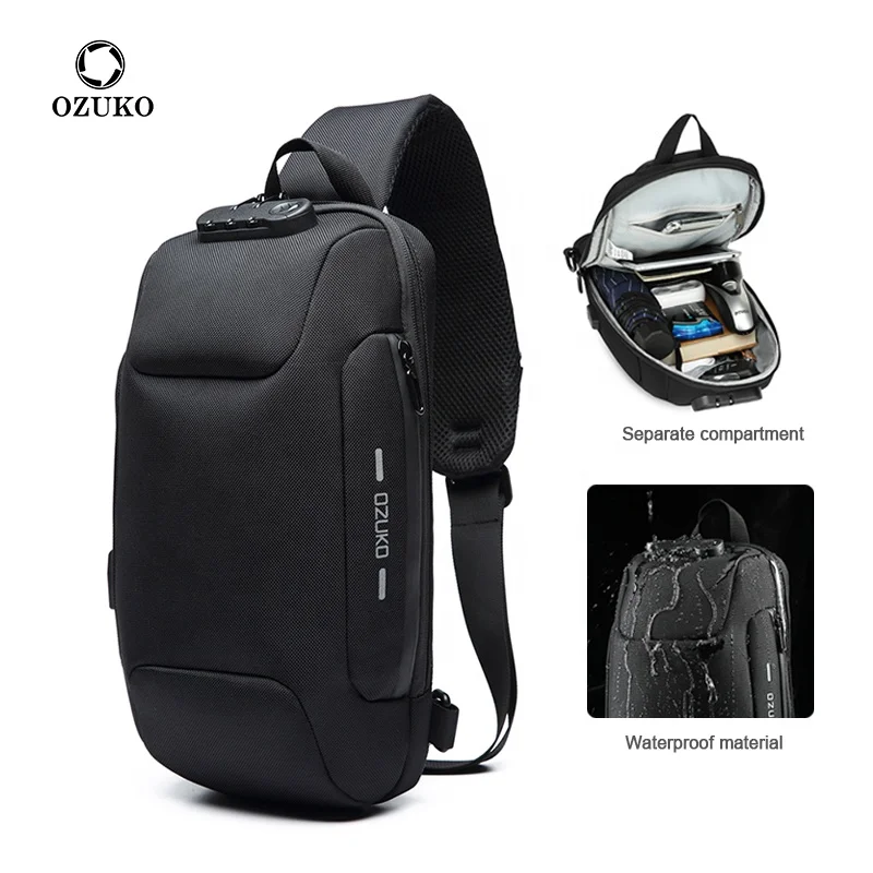 

OZUKO 2023 New Wholesale Sports Crossbody Sales Custom Logo Mens Chest Bag Anti Theft Waterproof Shoulder Sling Bag For Men