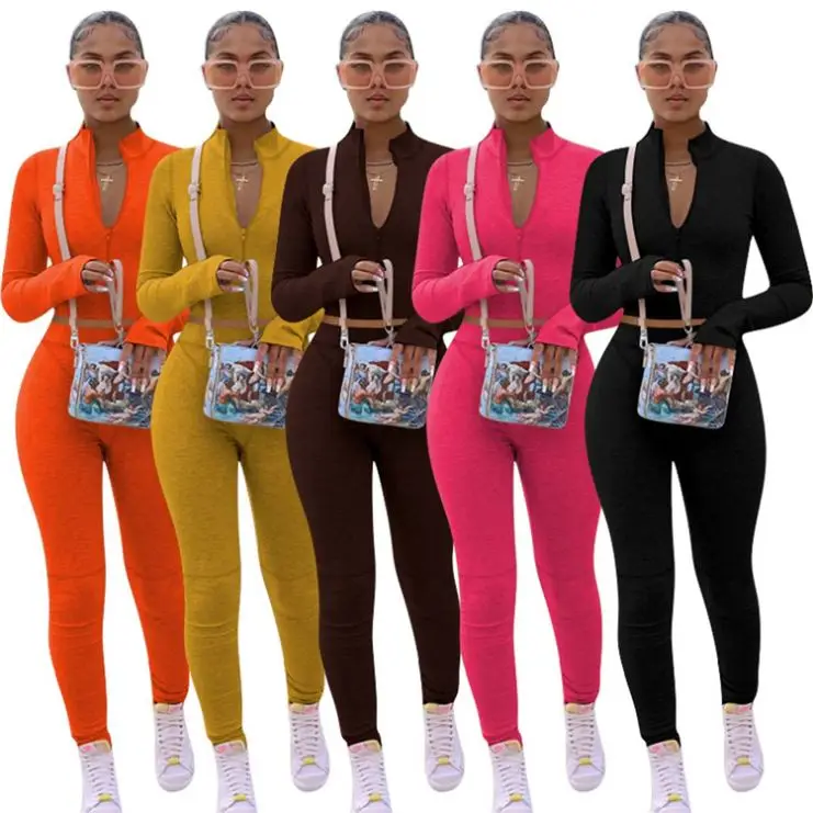 

New Style Autumn Solid Color Long Sleeve Zipper Skinny Pant Sports Sweatsuit Set Two Piece Set Women Clothing