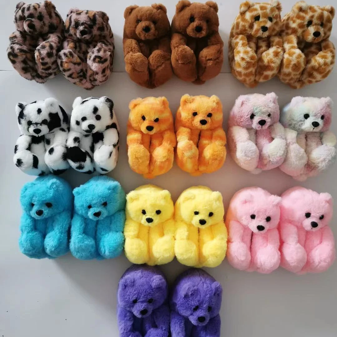 

Wholesale Bulk Winter Mommy And Me Bear Slippers Lovely Indoor Fuffly Kids Fur Slides Women House Comfy Fuzzy Plush Teddy Shoes