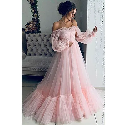 

New off the shoulder gauzed long sleeved lady clothes women evening/wedding dress, Shown