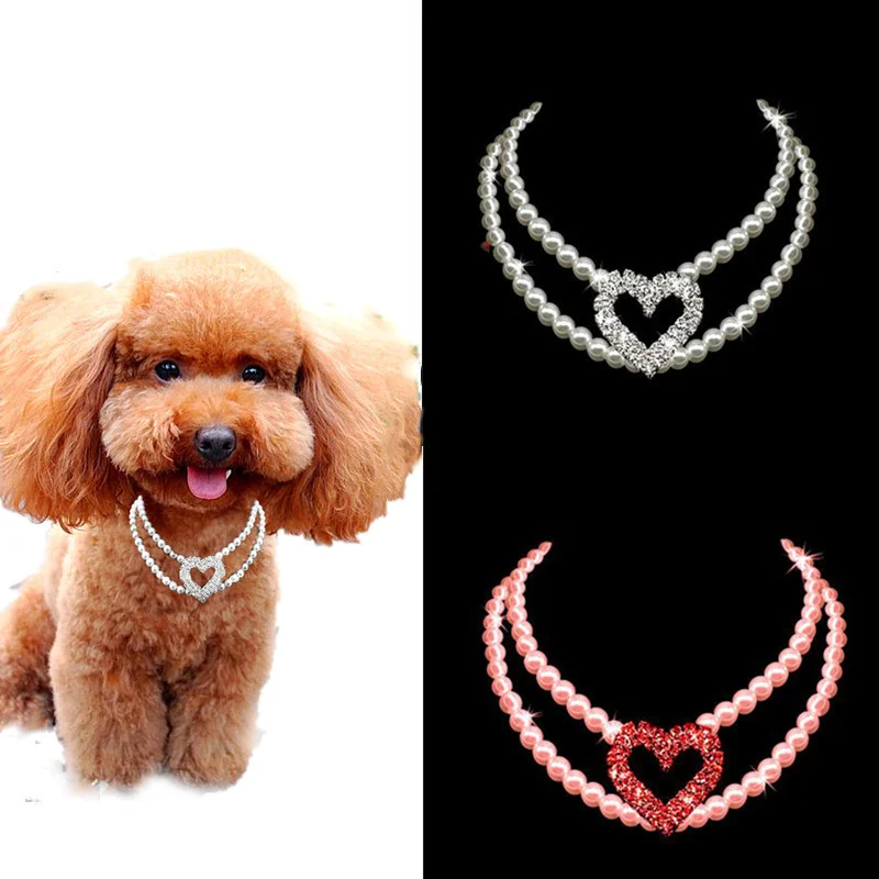 

New Style Pet Collar Bling Rhinestone Heart Shaped Pet Collar Pearl Cat And Dog Necklace Collar