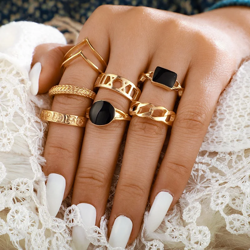 

7Pcs/set Women Gold Color Vintage Midi Rings Black Rhinestone Letter Finger Ring Set, Antique silver