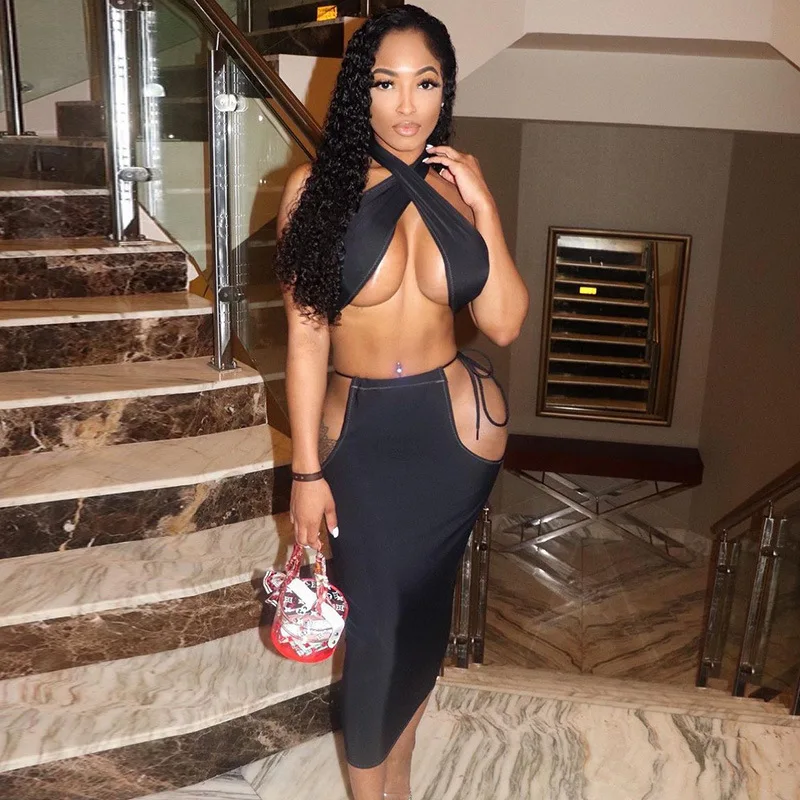 

Stylish Fashion Sexy Halter Neck Hollow Out Two Piece Bodycon Maxi Skirt Set Women