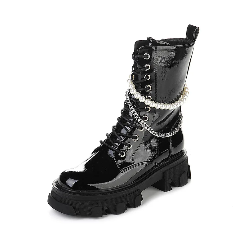 

british style round toe thick heel martin boots side zipper thick-soled motorcycle boots ins pearl chain lace-up mid-tube short