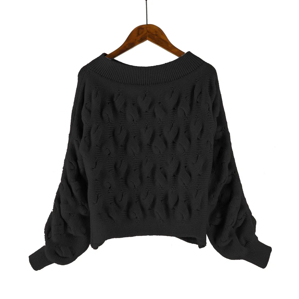 

Fashion Style One Word Shoulder Sweater Autumn Winter Hemp Hollowed-out Lantern Sleeve Wide Loose Pullover