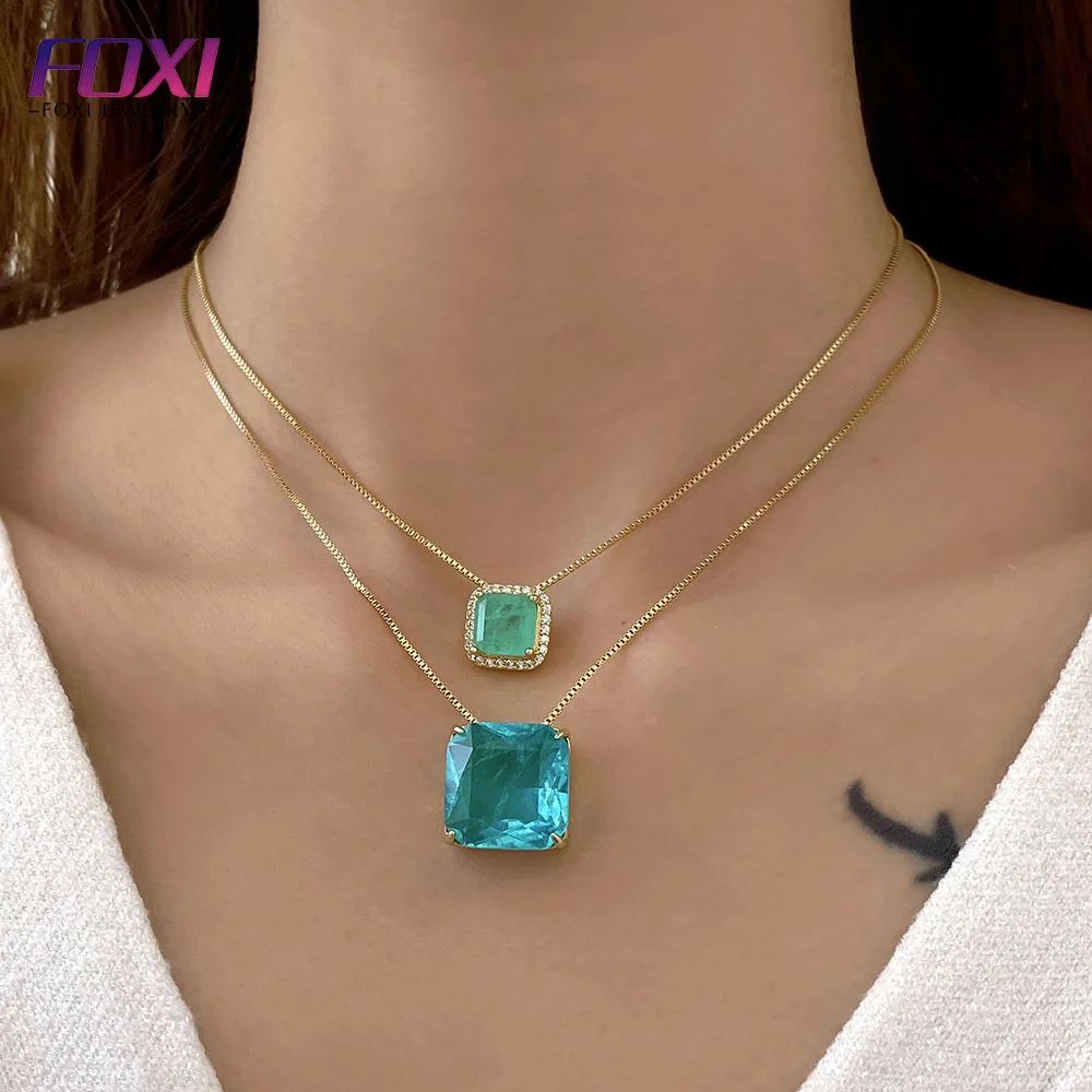 

FOXI jewelry Brazil Style Luxury Fusion Semijoia Crystal Square Shape Stones Pendant necklace for Women colares