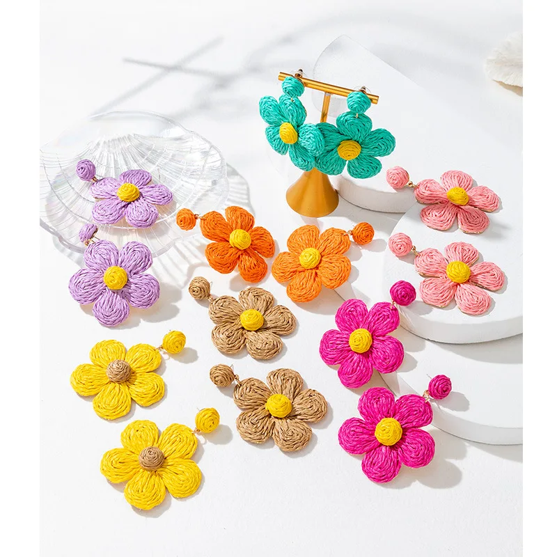 

HOVANCI INS Design Wood Large Rainbow Color Flower Dangle Earrings Raffia Straw Exaggerated Statement Rattan Earrings Women