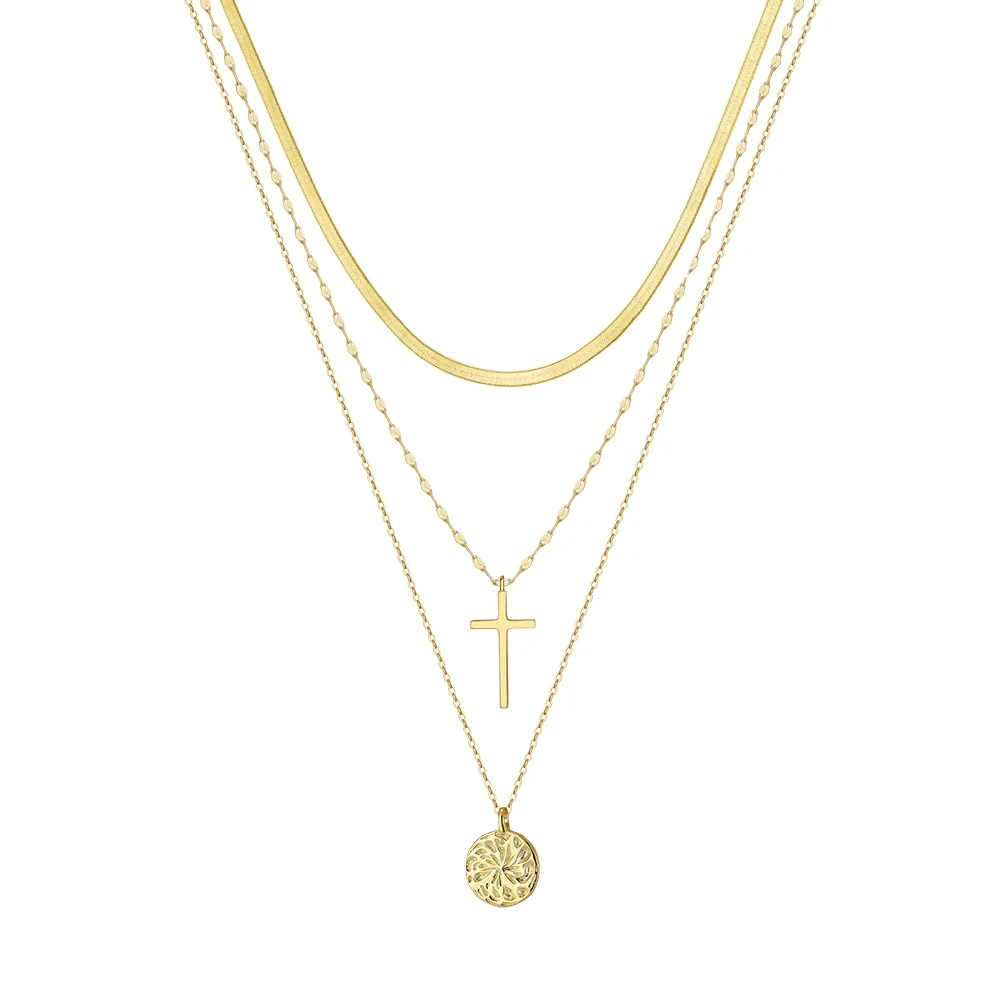 Dropshipping High Quality Snake Bones Necklace Jewelry 925  Sterling Silver Cross Circular Pendant 3 Layer Necklace for Women