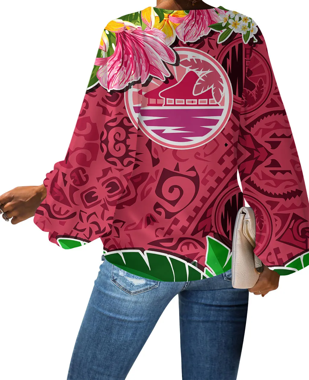 新品上市波利尼西亚传统部落萨摩亚风格印花女士长款灯笼袖雪纺衬衫