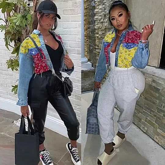 

2021 top Ranking printed cashew flower fashion ladies jacket long-sleeved autumn short blue denim jacket womens denim jacket, As picture or customized make
