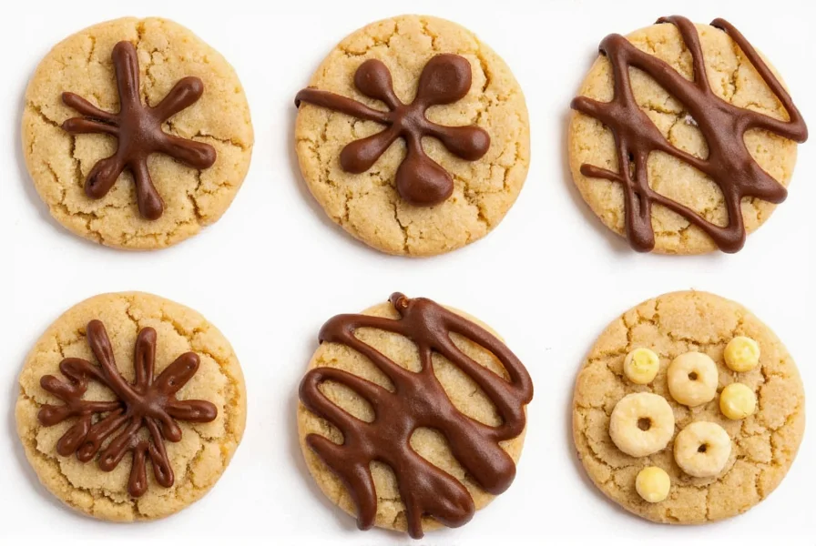 Professional baker creating tiger stripe pattern on cookies with nutmeg and caramel drizzle