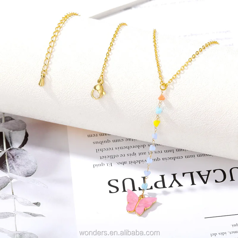 

Colorful Butterfly, Dainty Butterfly Pendant Tissue Necklace Jewelry Stainless Steel Link Chain 18K Gold Plated Women Jewel