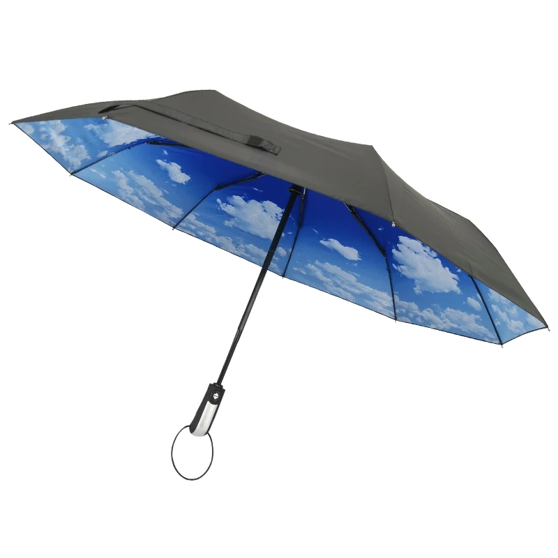 

Compact Customized 3 fold Automatic UV Protective Travel Umbrella Strong Windproof with Full Print Inside