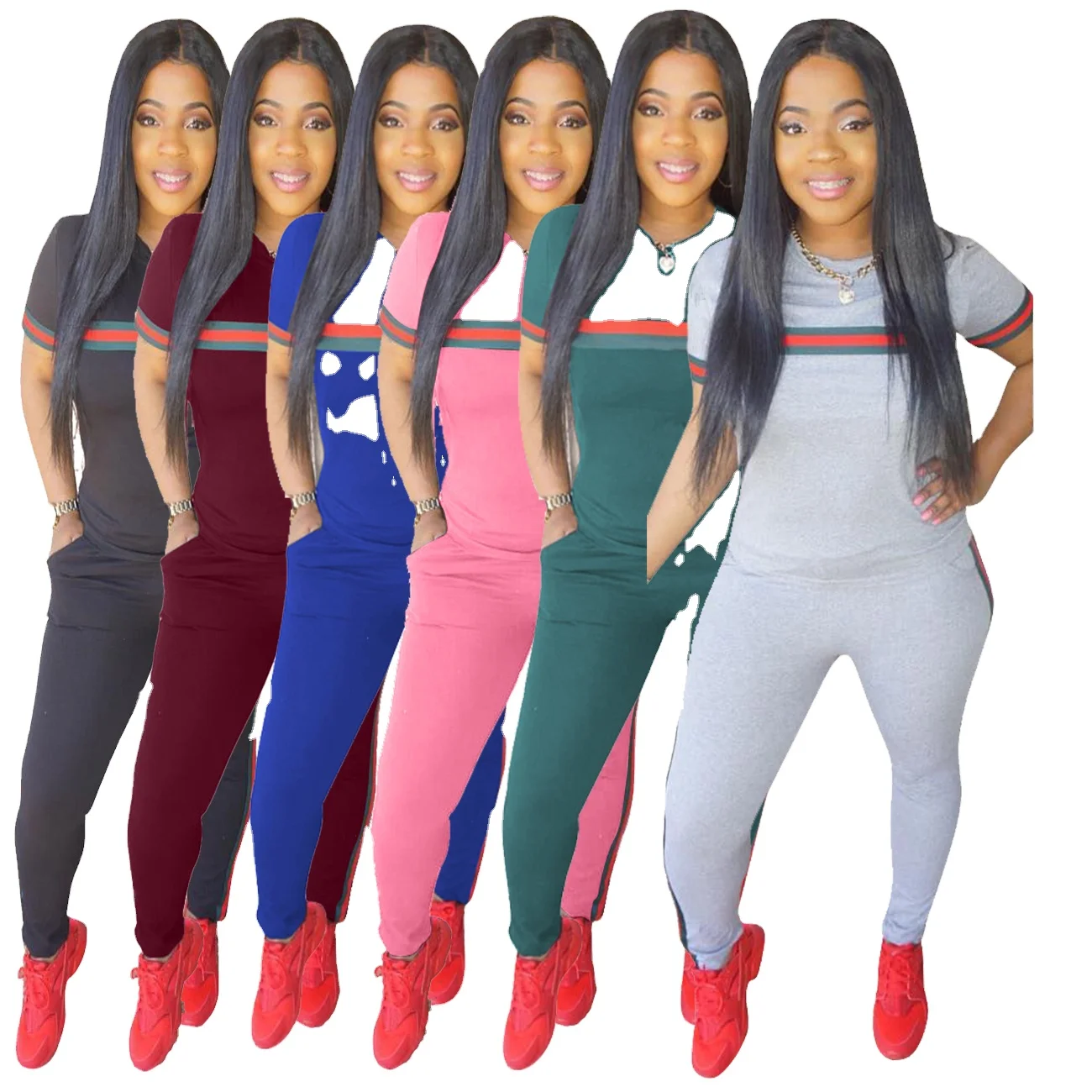 

New Arrivals Sexy Fashion Good Quality Casual Striped Short Sleeve And Plus Size Pants Sports Suit For Women Two Piece Pants, Picture