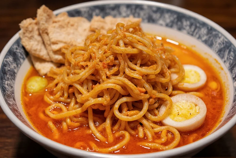 Bowl of ramen topped with chili crisp substitute showing vibrant red oil and visible crispy ingredients