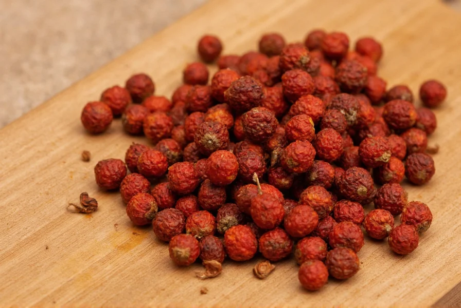 Close-up of dried Sichuan peppercorns showing their characteristic reddish-brown color and textured surface on a wooden cutting board