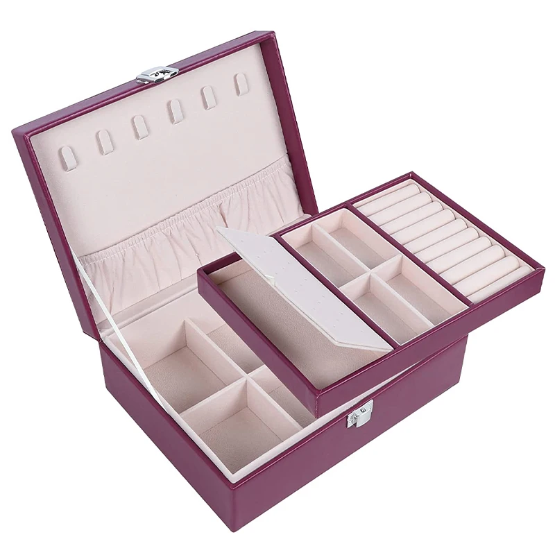 

Two-Layer Jewelry Box Organizer Display Storage Case with Lock Suede Portable Leather Jewelry Box for Storing Earring, Customized