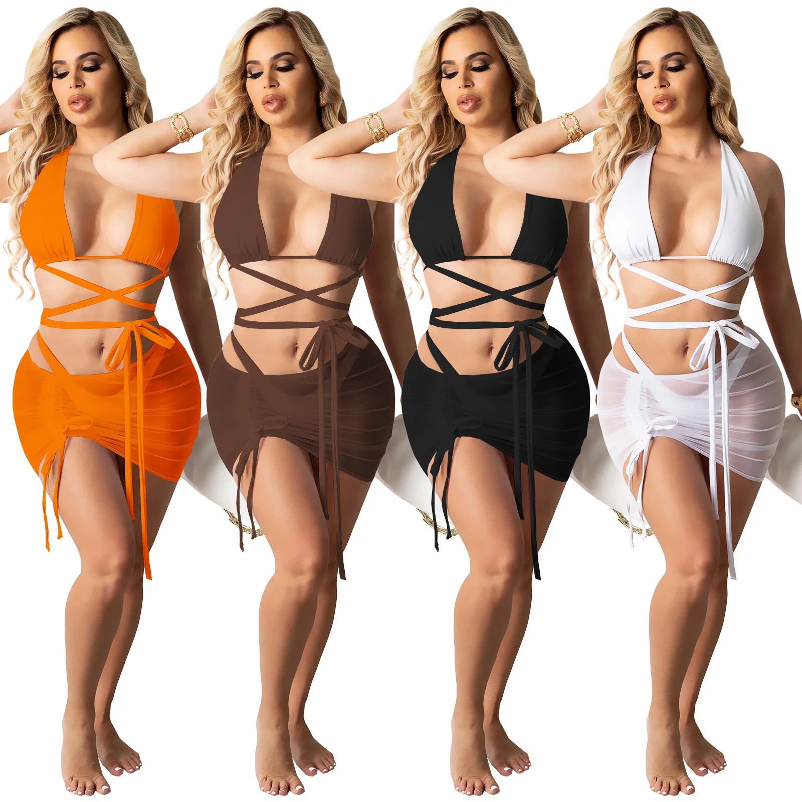 

SZ8130 Wholesale halter lace up hollow out three piece swimsuit backless sexy swimwear 2021 bodycon high waist 3 piece swimsuit