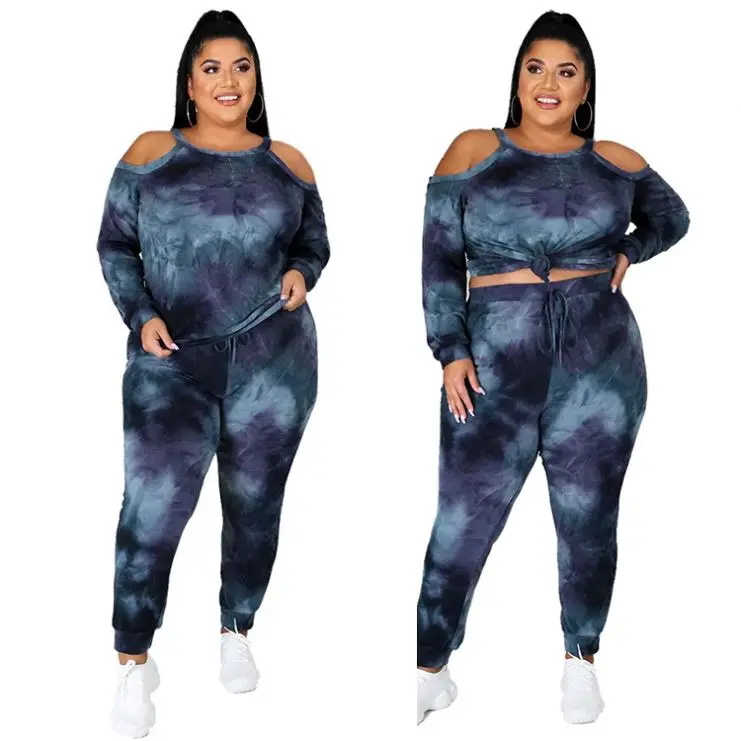 

Casual Fashion 2021 Stretchy Gallus Sexy Tie Dye Long Sleeve Two Piece Set Plus Size 2 Piece Set Women Clothing