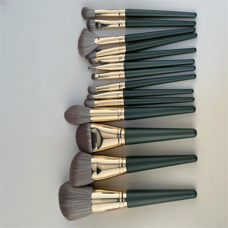 

Highend 14Pcs wood brochas de maquillaje synthetic green makeup brushes kits professional eyebrow make up brush set, As the picture