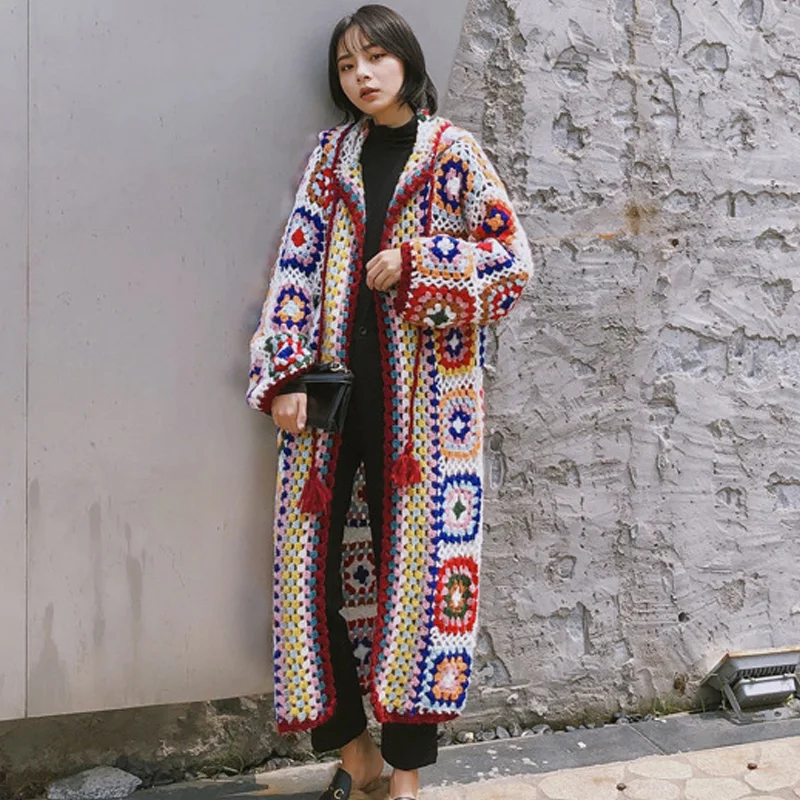 

Wholesale 2021 Spring Autumn Ethic Casual Loose Handmade Crochet Hooded Long Sleeve Women Crochet Sweater Cardigan