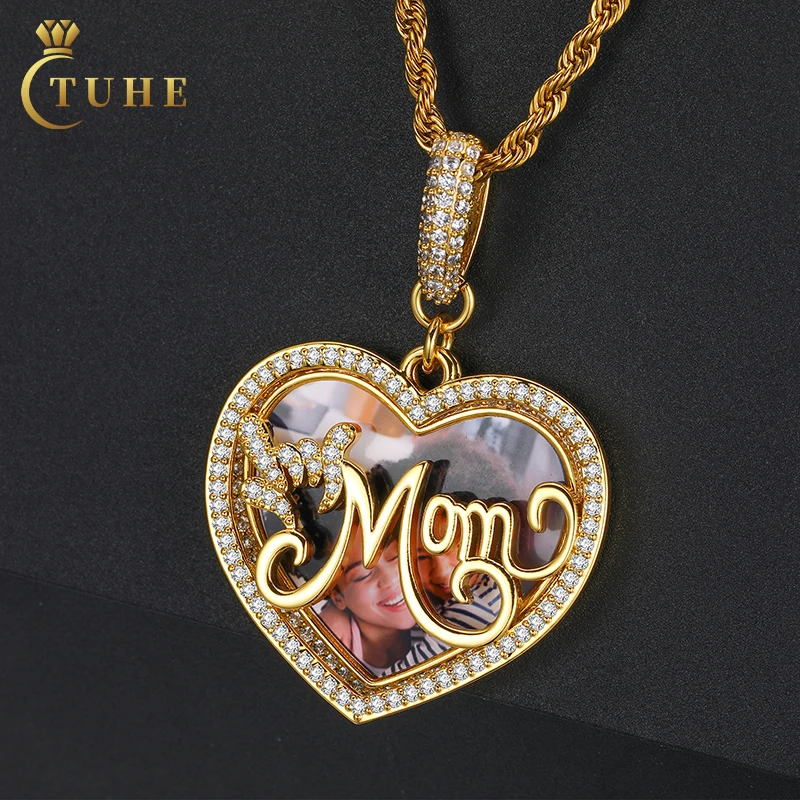 

Personalized Custom Heart Gold MOM Photo Necklace In Memory With AAAAA Zircon Necklace Pendant Necklace Mother's Day Gift