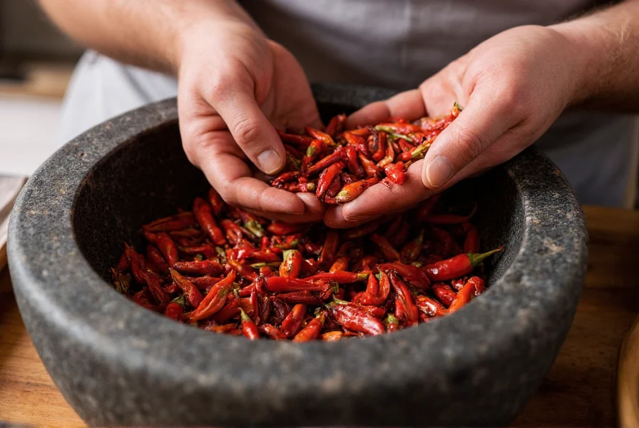 Chef's hands grinding dried chili peppers in a traditional molcajete mortar