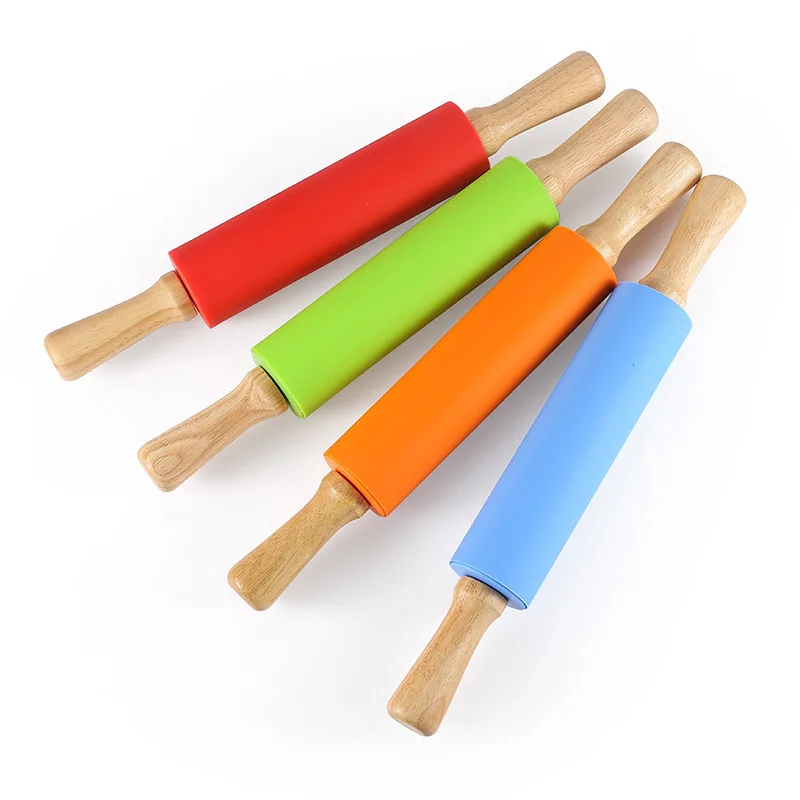 

OEM Non Stick Custom Pattern Silicone Baking Rolling Pin with Wooden Handle Dough Rolling Pin, Blue/green/orange/red/custom