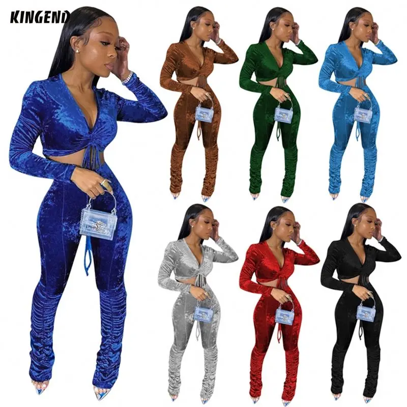 

2021 Sexy Ladies Long Sleeve Outfits V Neck Stacked Velour Autumn Women Two Piece Pants Set, Picture shown