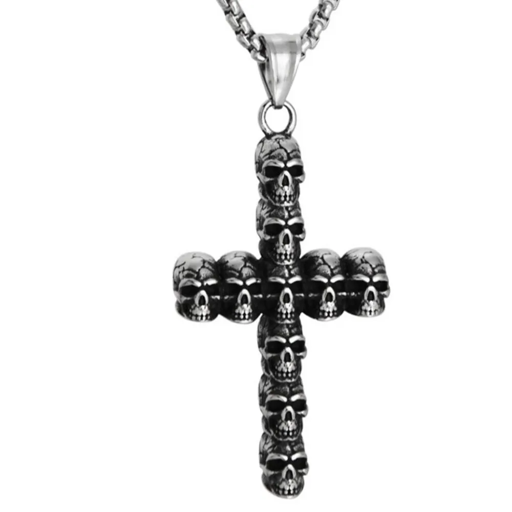 

Gothic Cross Pendant Necklace Punk Skull Cross Necklace Men's Hip Hop Stainless Steel Jewelry, Silver color
