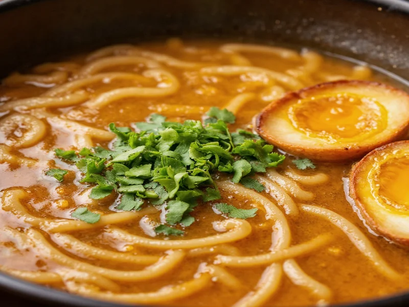 Close-up of artisanal ramen broth with visible oil swirls and herbs