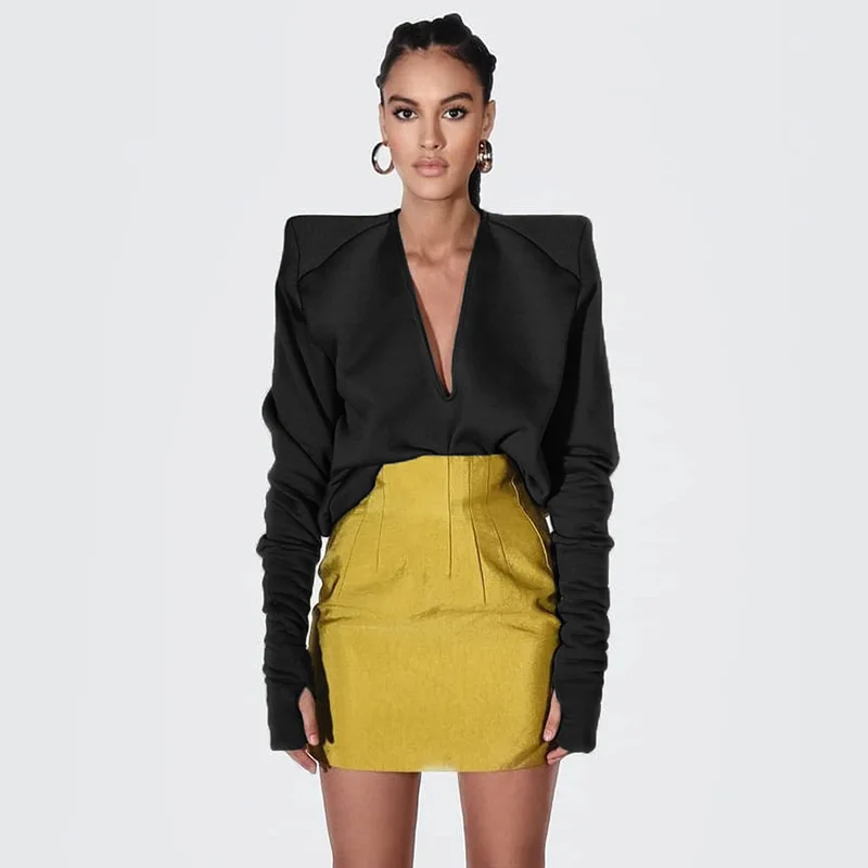 

Wholesale Fashionable Casual Loose Top Women Elegant Office V Neck Long Sleeve Pad Shoulder Blouse Shirt