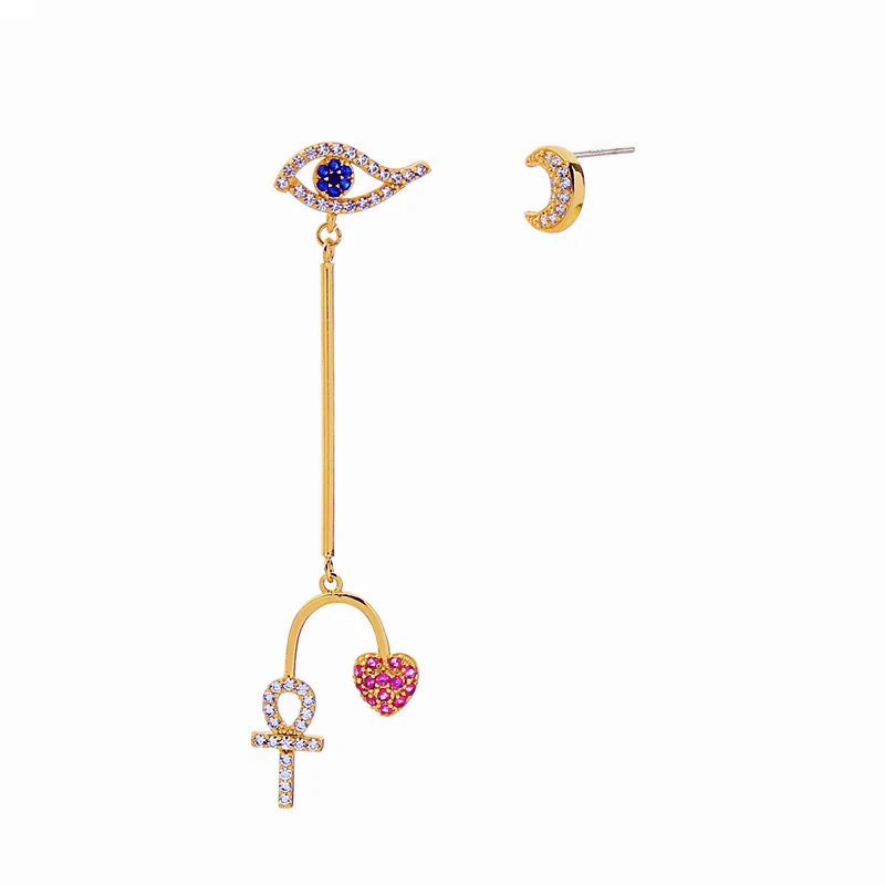 

me97281 2020 Creative Design Long Gold Silver Eye Red Heart Key Dangle Moon Zircon Stud Mismatched Charm Earrings