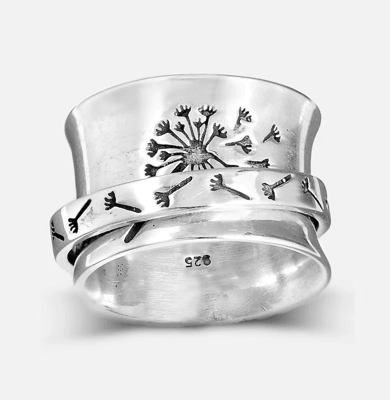 

Retro Engraved Dandelion Flower Ring Silver Chunky Meditation Anxiety Rings Double Layer Dandelion Spinner Fidget Rings Women