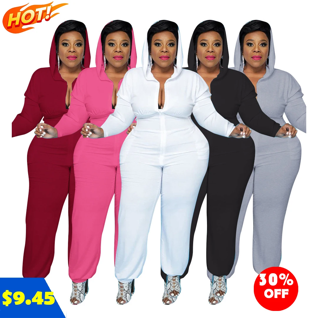 

fall 2021 women clothes Plus size women's solid color pocket zipper hooded jumpsuit tracksuit and roamper, As picture
