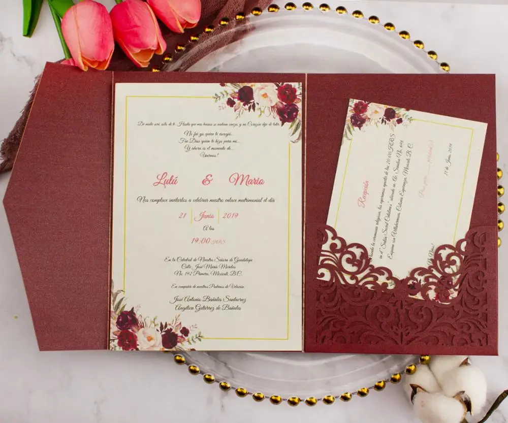 

Luxury pocket burgundy wedding invitation card Laser Cut trifold invitations greeting gift Cards For wedding birthday Decoration