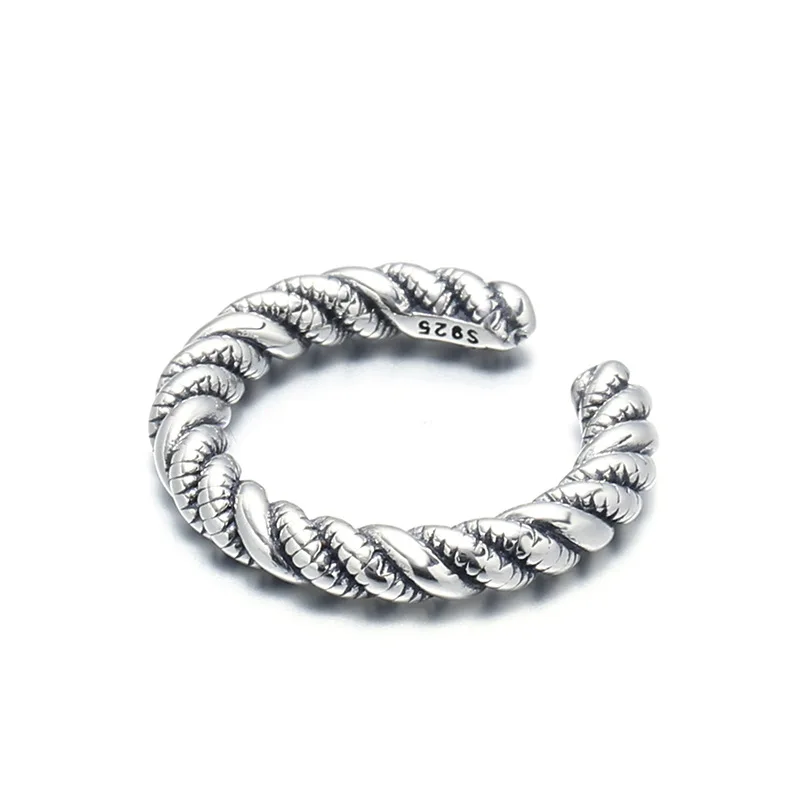 

S925 Sterling Silver Fried Dough Twists Rope Ring for Men and Women Vintage Handmade Adjustable Opening Ring Hiphop Jewelry