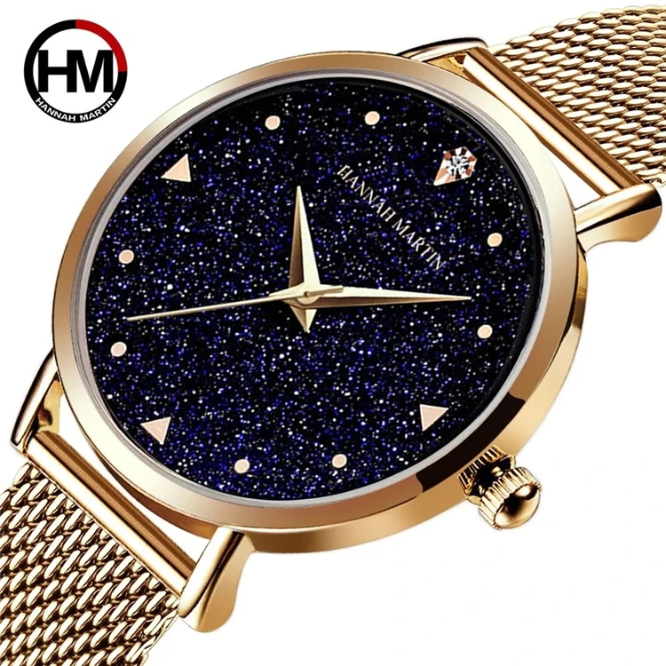 

Japan Quartz Movement Stainless Steel Mesh Band Watch Golden Ladies Wristwatches Flash Night Stars Face New Watches For Women
