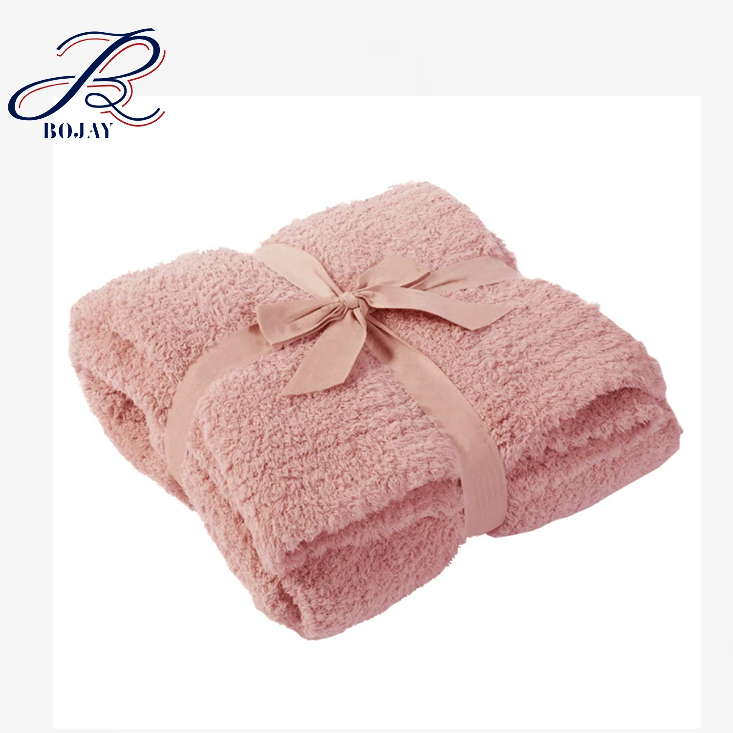 

Bojay Custom Velvet Fluffy Pure Solid Elegant Color Ribbon Bow Gift Polyester Microfiber Feather Yarn Knitted Throw Blanket