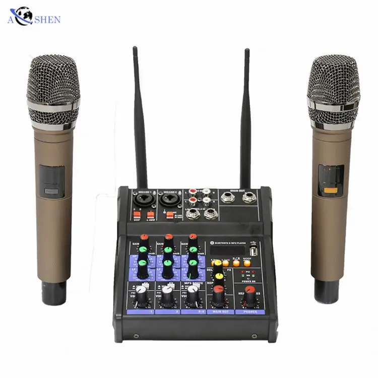 

Wholesale professional 4 ch audio mixer with 2ch handheld wireless microphone for home studio livestream broadcast singing, Black