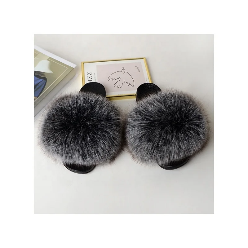 

New Listing Summer Custom Genuine Women Real Fox Fur Slides Slippers, Single color or multicolor