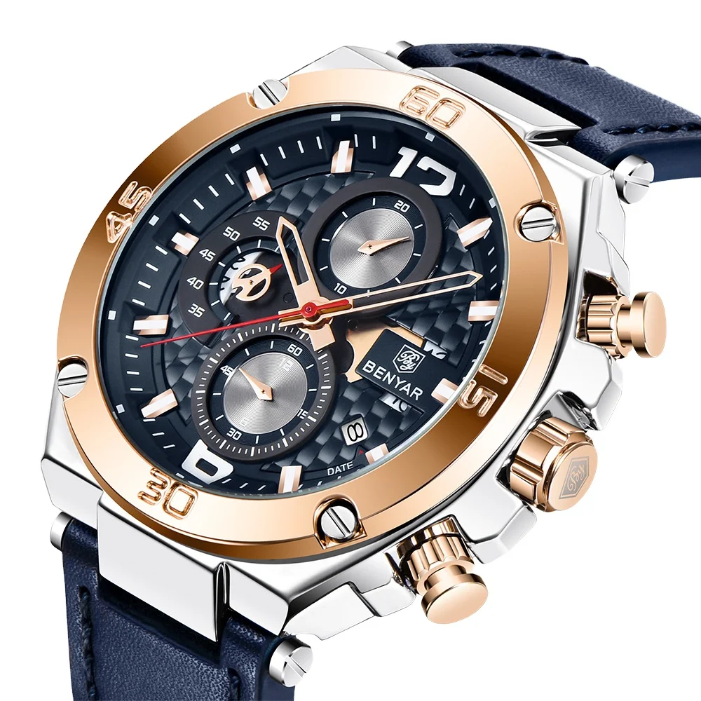 

BENYAR 5151 Men Watch Chronograph Wristwatches Quartz Sport Watches Military Luxury Leather Relogio Masculino